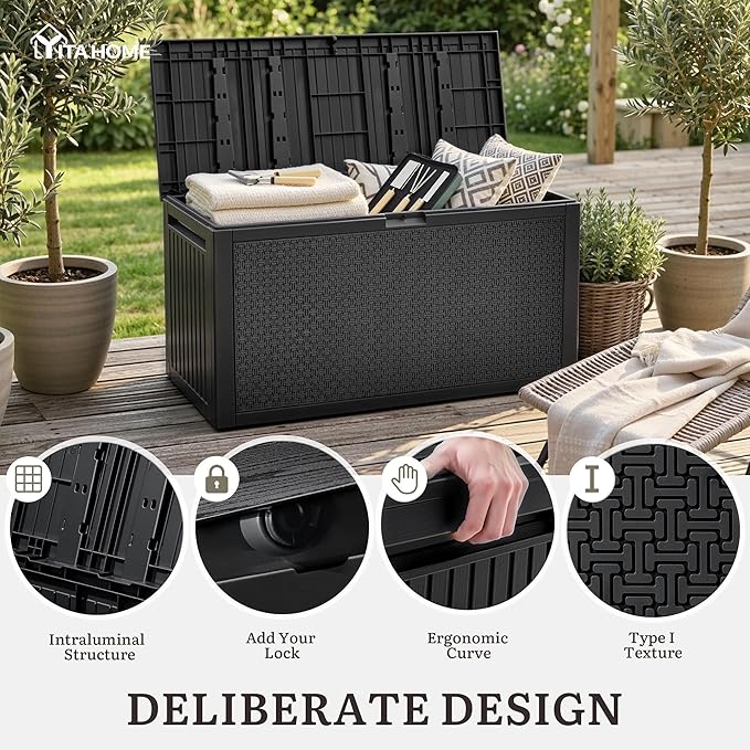 YITAHOME 90 Gallon Large Outdoor Deck Box, Lockable Waterproof Resin Storage Box with Handles, Weatherproof & UV Resistant, Patio Garden Tool Container for Outdoor Furniture, Black