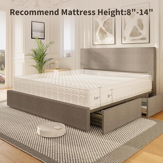 IDEALHOUSE King Size Bed Frame with Tufted Wingback Headboard, Platform Corduroy Upholstered Bed Frame with 4 Storage Drawers and Wooden Slats Support, No Box Spring Needed, Brown