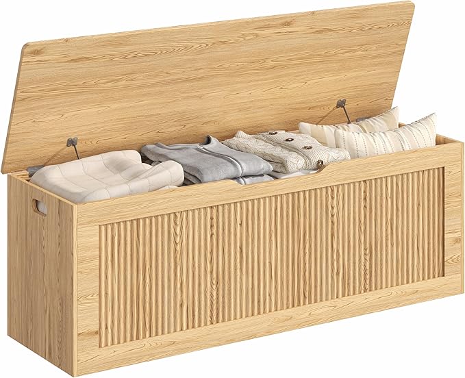 Akxomel Extra Large Fluted Storage Chest, 51.2" Storage Bench with 2 Safety Hinges, Shoe Bench, Wooden Box Bench, Long Storage Trunk with Lift Top, for Bedroom, Living Room, Entryway, Natural Oak