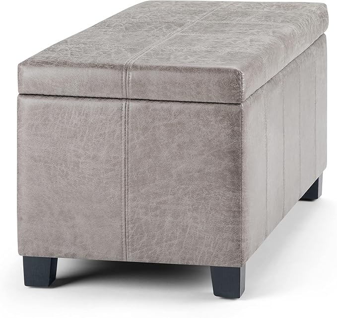 SIMPLIHOME Dover Storage Ottoman Bench - 36 inch Wide Upholstered Vegan Leather Rectangular Lift-Top Ottoman in Distressed Grey Taupe, Contemporary Bench for Living Room with Safety Hinges