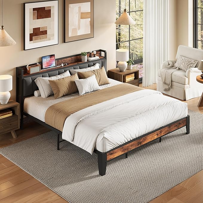 LIKIMIO King Size Bed Frame, Storage Headboard with Charging Station, Solid and Stable, Noise Free, No Box Spring Needed, Easy Assembly
