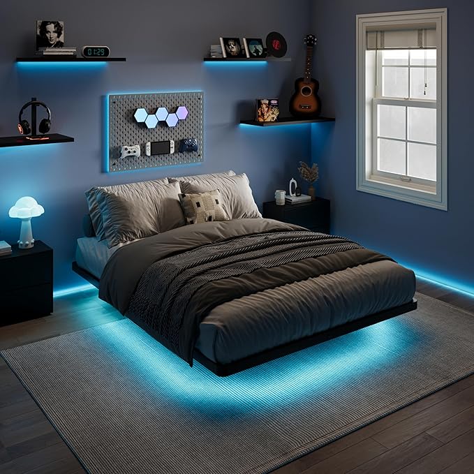 SHA CERLIN Floating Bed Frame Queen Size with Smart LED Lights and Charging Station, Heavy Duty Metal Platform Bed with Modern Design,No Box Spring Needed, Easy Assembly, Matte Black