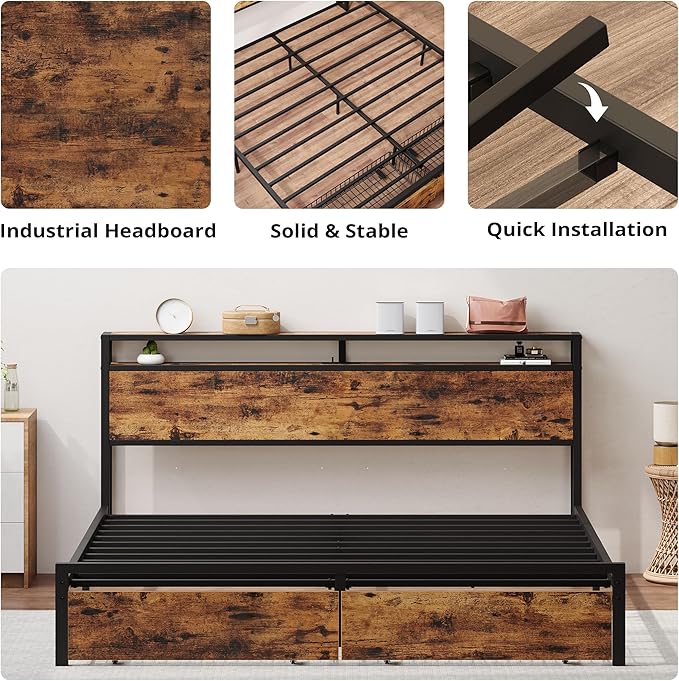 LIKIMIO California King Bed Frame with Storage Headboard, Platform Bed with Drawers and Charging Station, No Box Spring Needed, Easy Assembly, Vintage Brown