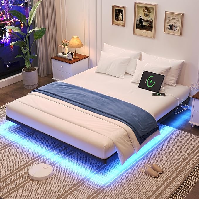 Awesofurni Floating Bed Frame Full Size with Smart LED Lights and Charging Station, Heavy Duty Modern Metal Platform Bed No Box Spring Needed - Easy Assembly and Noise Free