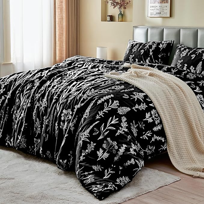 MUXHOMO Duvet Cover Full Size, Reversible Floral Black Duvet Cover Set with Zipper Closure, 3 Pieces Botanical Patterns Soft Microfiber Bedding Set with 4 Ties (80"x90", 2 Pillow Cases)