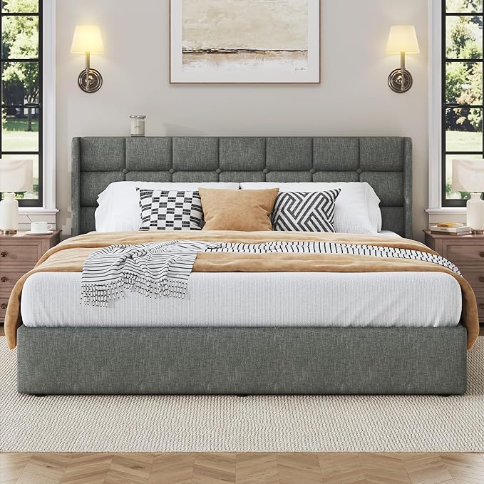 HISOFT King Size Lift Up Storage Bed Frame, Linen Upholstered Platform Bed with Wingback Headboard, Heavy Duty Hydraulic Gas Lift Underbed Space, Reinforced Full Metal Slats, Noise Free, Grey