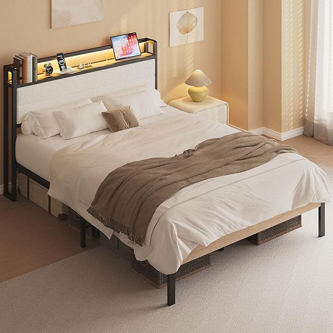 LIKIMIO Full Bed Frame with Storage Headboard and LED Lights, Metal Platform Bed with Charging Station, Noise Free, No Box Spring Needed, Under Bed Storage, Natural and Cream