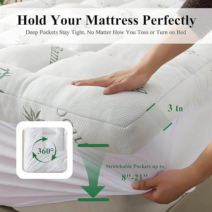 ELNIDO QUEEN® 3 Inch Memory Foam Mattress Topper Twin Size - Cooling Breathable Bamboo Viscose Pillow Top for Hot Sleepers, 1700 GSM Fill, Ultra Soft Mattress Pad for Back Pain Relief, 3"x39"x75"