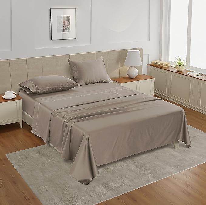 LANE LINEN 100% Cotton Sheets Twin Size - 450 Thread Count Sateen Weave for Smooth Feel On Skin - Extra Soft & Breathable Twin Sheet Set for Single Beds - Fits Mattresses Upto 15'' Deep - Taupe