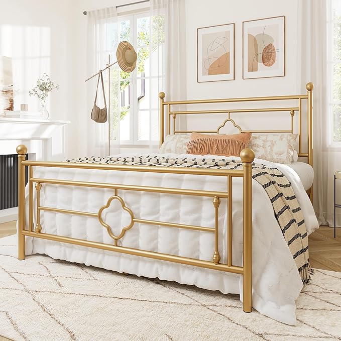 Allewie Full Size Metal Platform Bed Frame with Victorian Vintage Headboard and Footboard/Mattress Foundation/Under Bed Storage/No Box Spring Needed/Noise-Free/Easy Assembly, Gold