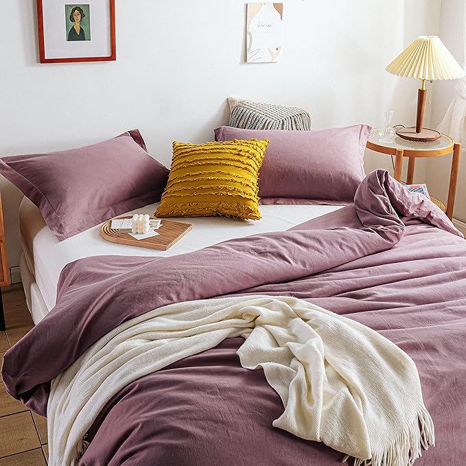 Simple&Opulence 100% Linen Duvet Cover Set 3pcs Basic Style Natural French Washed Flax Solid Color Soft Breathable Farmhouse Bedding with Button Closure - Purple, Queen
