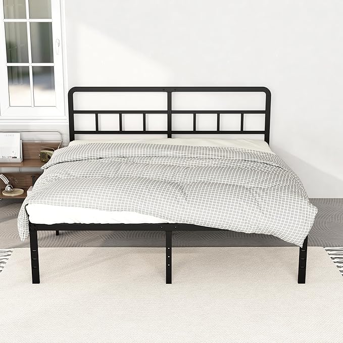 DiaOutro King Size Bed Frame with Headboard, 18 Inch Metal Platform No Box Spring Needed Heavy Duty Steel Slat Mattress Foundation/Easy Assembly/Noise Free/Black