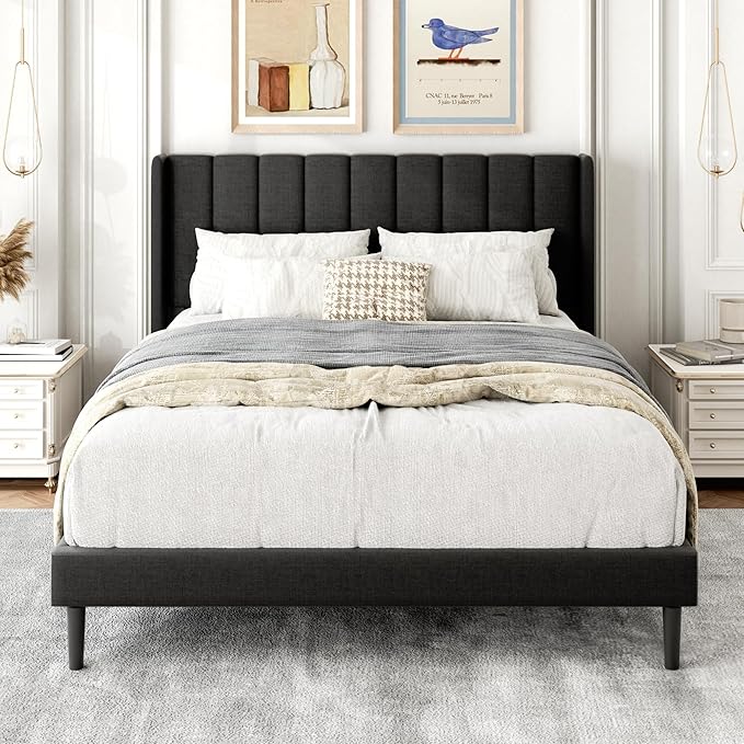 Gruwans Full Size Bed Frame with Upholstered Wingback Headboard, Easy Assemnly Platform Bed, Wooden Slat Support No Box Spring Needed, Dark Gray