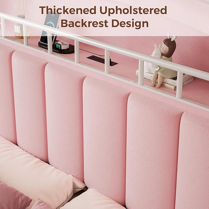 Full LED Bed Frame with Storage Headboard & 2 Storage Drawers, Princess Velvet Upholstered Bed with Vertical Tufted Headboard Design for Girls, USB & Type-C Charging Ports, Wooden Slats Support, Pink