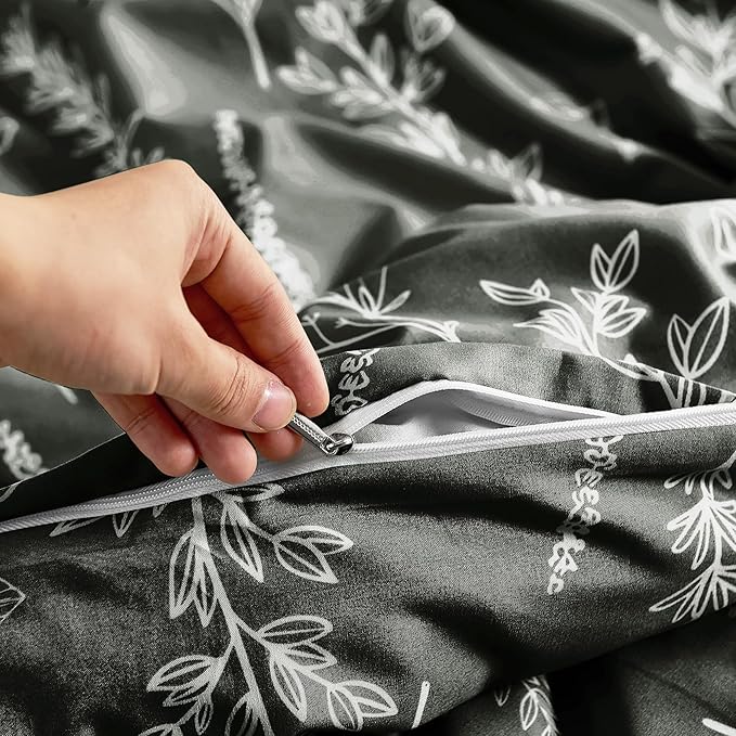 MUXHOMO Duvet Cover King Size, Reversible Floral Dark Grey Duvet Cover Set with Zipper Closure, 3 Pieces Botanical Patterns Soft Microfiber Bedding Set (90"x104", 2 Pillow Cases 20"×36")