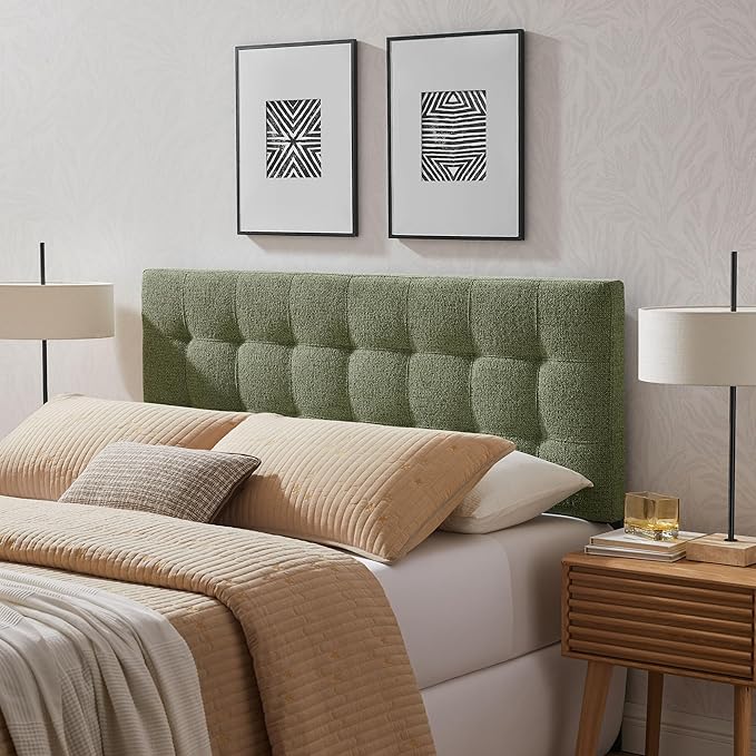 Modway Lily Queen Size Headboard with Biscuit Tufting in Leaf - Fabric Upholstery with Padded Design and 5 Height-Adjustable Mounts