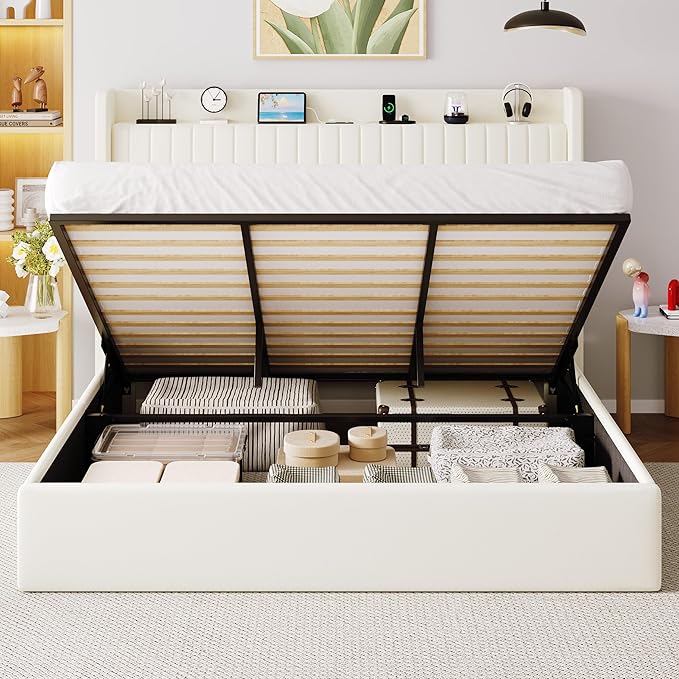 Allewie King Size Lift Up Storage Bed Frame,Storage Shelf Headboard with Charging Station,Type-C and USB Ports,Hydraulic Support,Velvet Upholstered Bed Frame,No Box Spring Needed,Cream