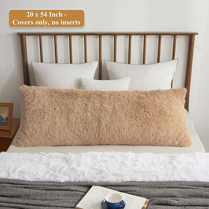 XeGe Luxury Shaggy Faux Fur Body Pillow Cover, Fluffy Bed Pillow Case w Zipper Closure, Soft Decorative Plush Long Pillow Sham, Fuzzy Hug Pillow for Home Bedroom Pregnant Women 20"x54" Camel
