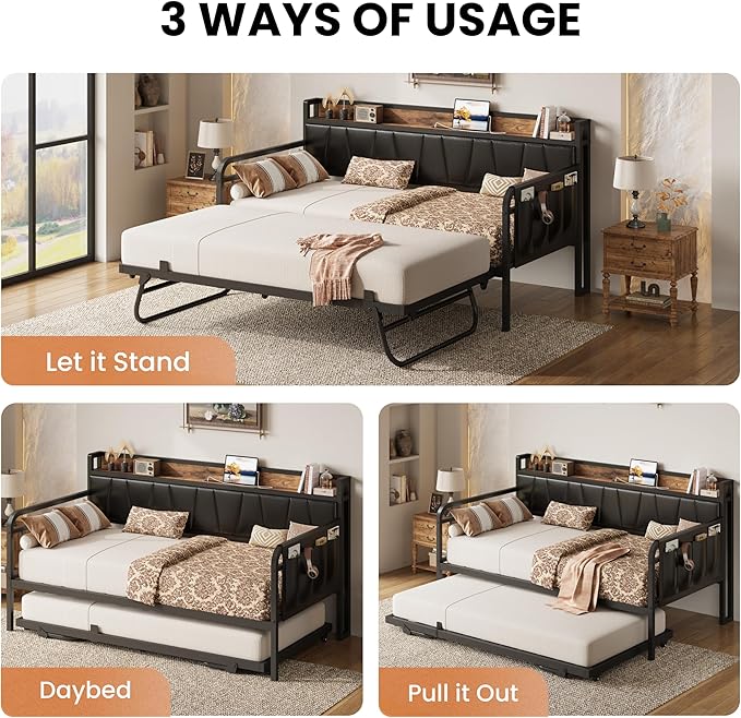 LIKIMIO Twin XL Daybed, Day Bed with Trundle, Storage Upholstered Headboard and Charging Station, Trundle Bed with Strong Supports for Living Room, Bedroom, and Guest Room, Black