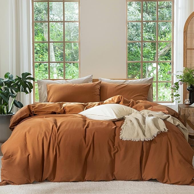MooMee Bedding Duvet Cover Set 100% Washed Cotton Linen Like Textured Breathable Durable Soft Comfy (Solid Dark Orange, Oversized Queen 98"x98")