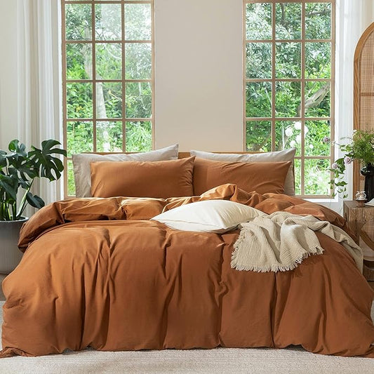 MooMee Bedding Duvet Cover Set 100% Washed Cotton Linen Like Textured Breathable Durable Soft Comfy (Solid Dark Orange, Super King 108"x98")