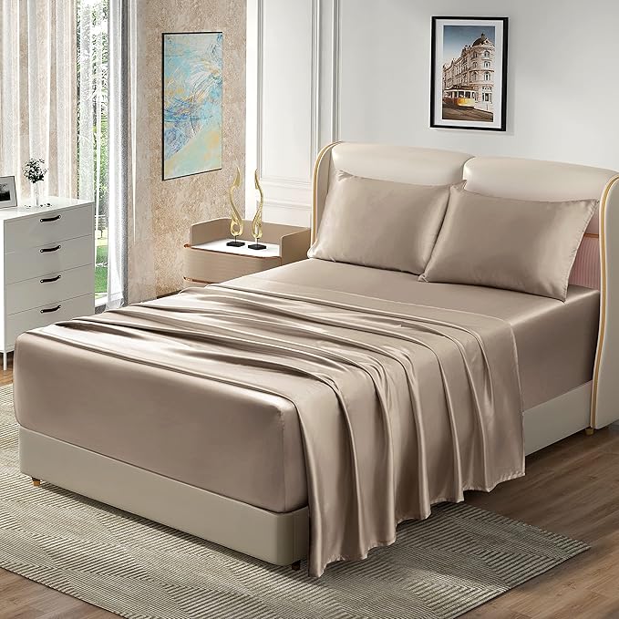 Homiest 4pcs Extra Deep Pocket Satin Sheets Queen Size Bed Set, 18-24 Inch Deep Pocket, Taupe Satin Sheet Set Fits Ultra Deep Mattress