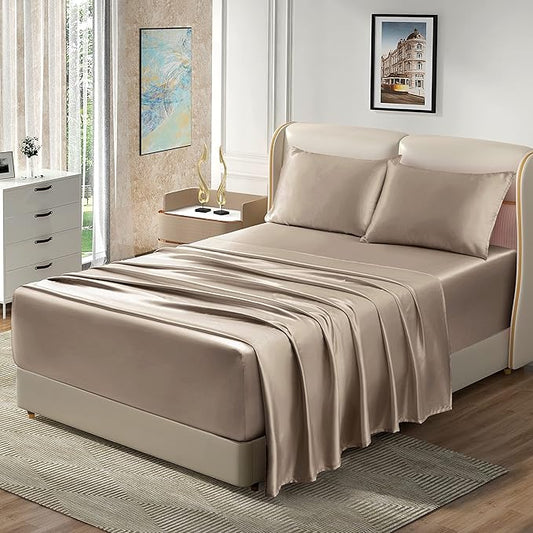 Homiest 4pcs Extra Deep Pocket Satin Sheets Queen Size Bed Set, 18-24 Inch Deep Pocket, Taupe Satin Sheet Set Fits Ultra Deep Mattress