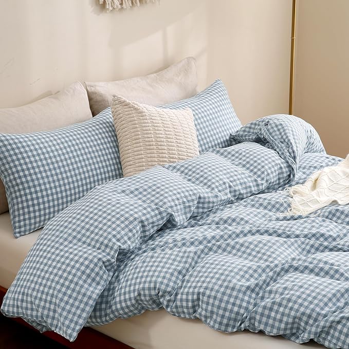 TOCOMOA Blue Gingham Duvet Cover Bedding Set 100% Washed Cotton Like Linen Feel Super Soft Comfortable 3 Piece Vintage Plaid Checkered Comforter Cover Set (King 104"x90", Comforter Not Included)