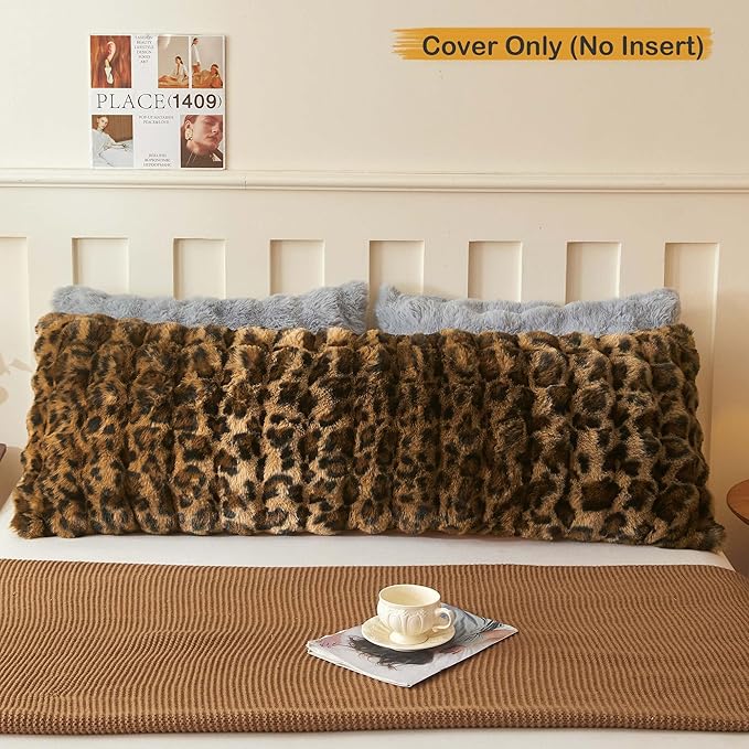LIFEREVO Leopard Print Faux Rabbit Fur Body Pillow Cover 20 x 54, Cheetah Print Waffle Bubble Bed Pillowcase with Zipper, Long Fuzzy Furry Farmhouse Pillow Case for Pregnant Women Side Sleeper, Brown