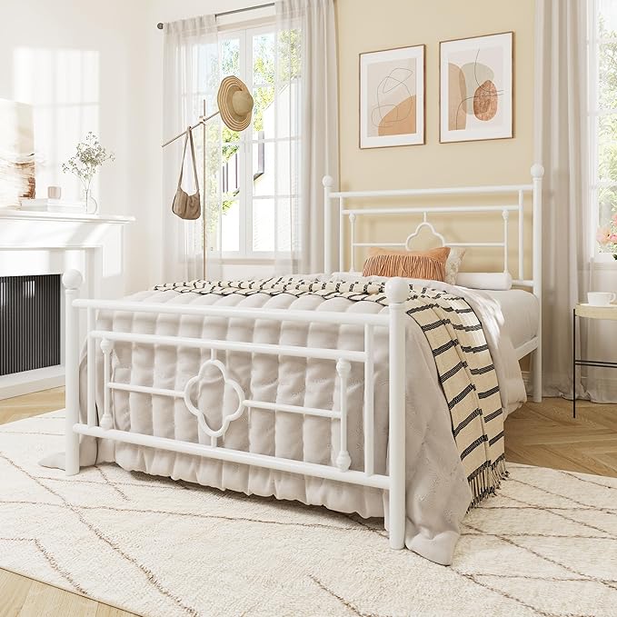 Allewie Twin Size Metal Platform Bed Frame with Victorian Vintage Headboard and Footboard/Mattress Foundation/Under Bed Storage/No Box Spring Needed/Noise-Free/Easy Assembly, White