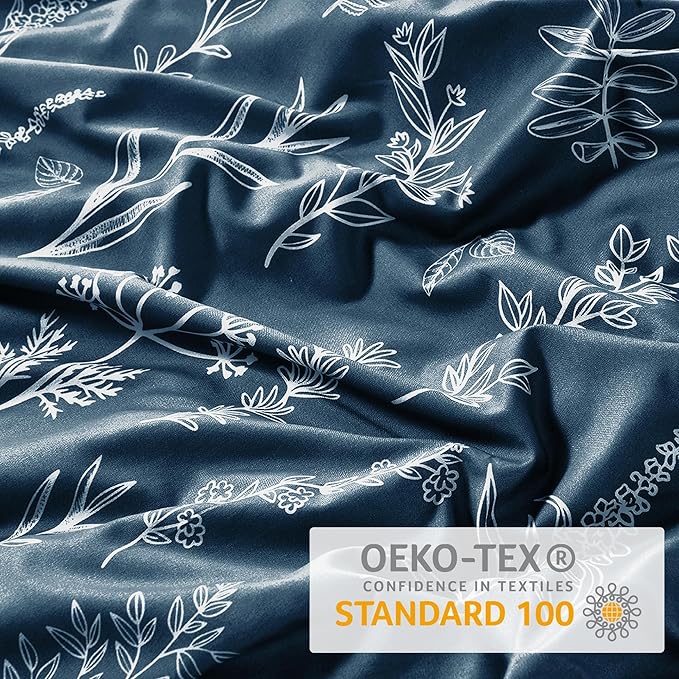 MUXHOMO Duvet Cover King Size, Reversible Floral Navy Duvet Cover Set with Zipper Closure, 3 Pieces Botanical Patterns Soft Microfiber Bedding Set (90"x104", 2 Pillow Cases 20"×36")