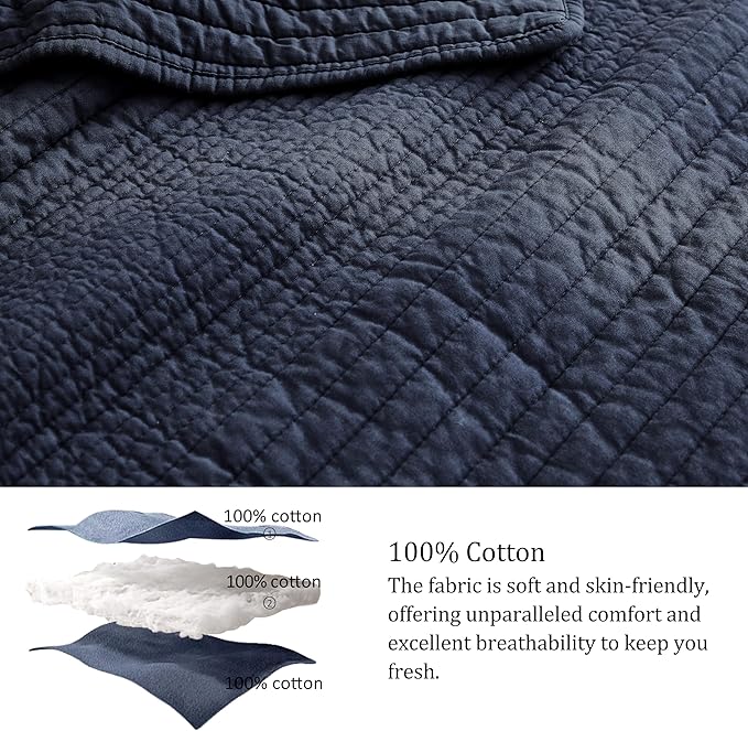 palassio Striped Navy Blue 100% Cotton Quilt King Size Bedding Sets, Lightweight Crinkly Channel Pick Stitch Textured Bedspread Soft Shabby Chic Farmhouse Country Coverlet for All Season, 2 Shams