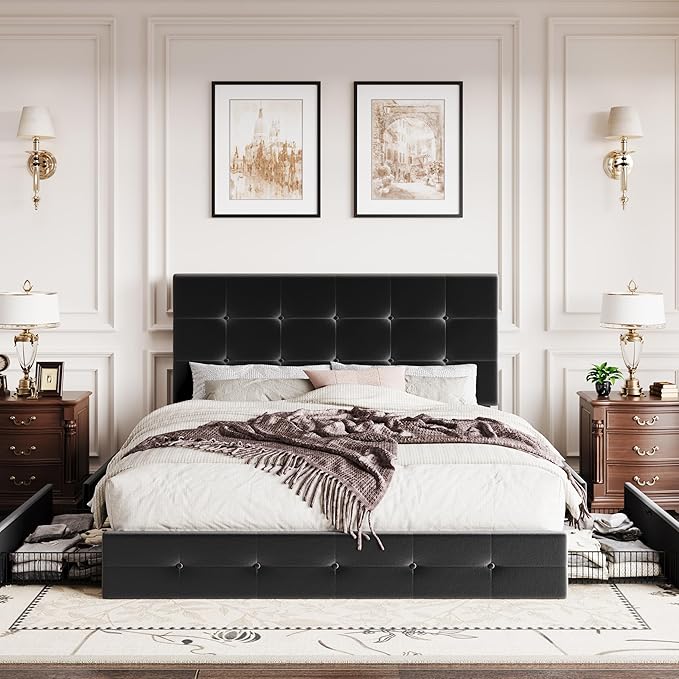 SHA CERLIN Full Size Platform Bed Frame with 4 Oversized Storage Drawers, Adjustable Headboard with Velvet Upholstery, Square Button Tufted Design, Wooden Slat Support, No Box Spring Needed, Black
