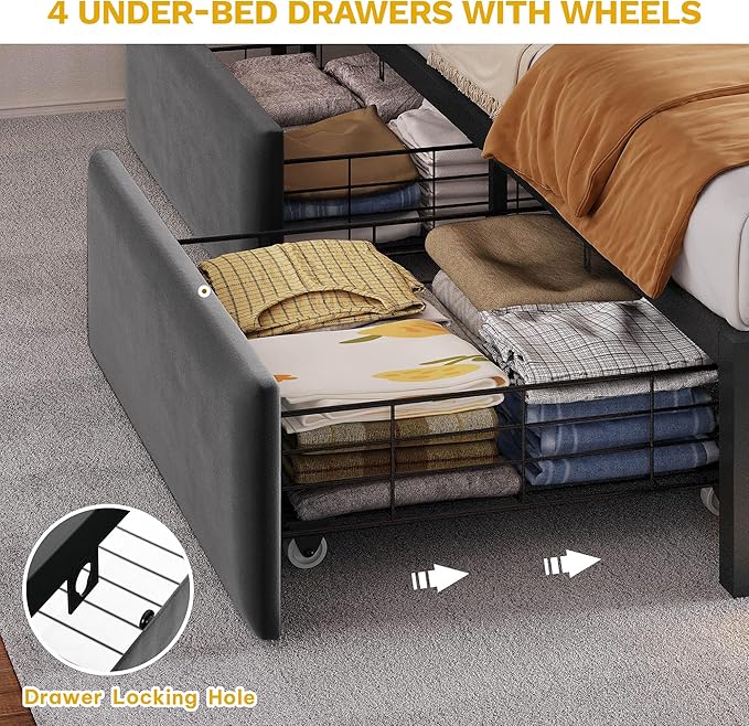 DWVO Queen Size Bed Frame with RGB LED Lights & Storage Bookcase Headboard, Upholstered Bed with Charging Station and 4 Drawers, No Box Spring Needed, Easy Assembly, Noise-Free, Velvet Grey