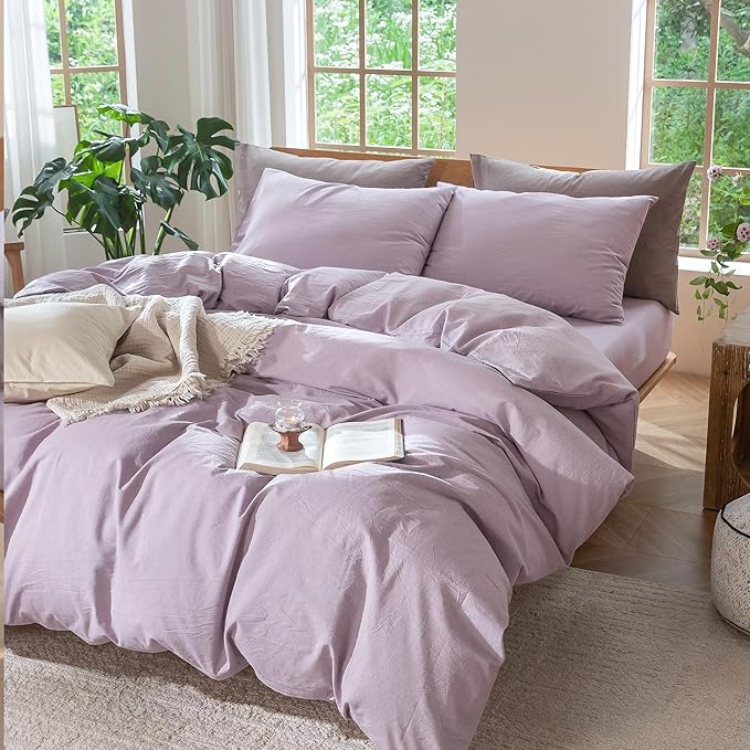 MooMee Bedding Duvet Cover Set 100% Washed Cotton Linen Like Textured Breathable Durable Soft Comfy (Heathered Light Purple, Full 80"x90")