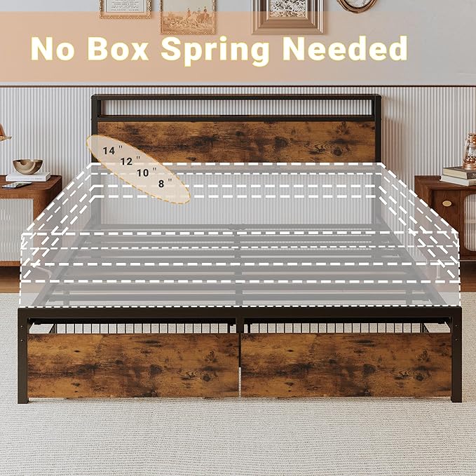 LIKIMIO Queen Bed Frame with Storage Headboard, Queen Size Bed Frame with Charging Station & 2 Drawers, No Box Spring Needed, Easy Assembly