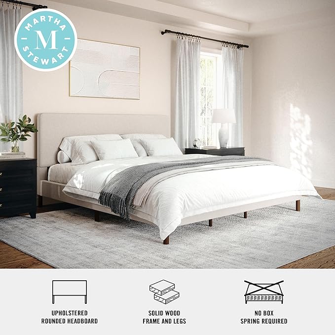 Martha Stewart Britta Platform Bed with Headboard & Footboard, Faux Linen Upholstery with Piping Detail, Rounded Headboard, No Box Spring Needed, King, Beige
