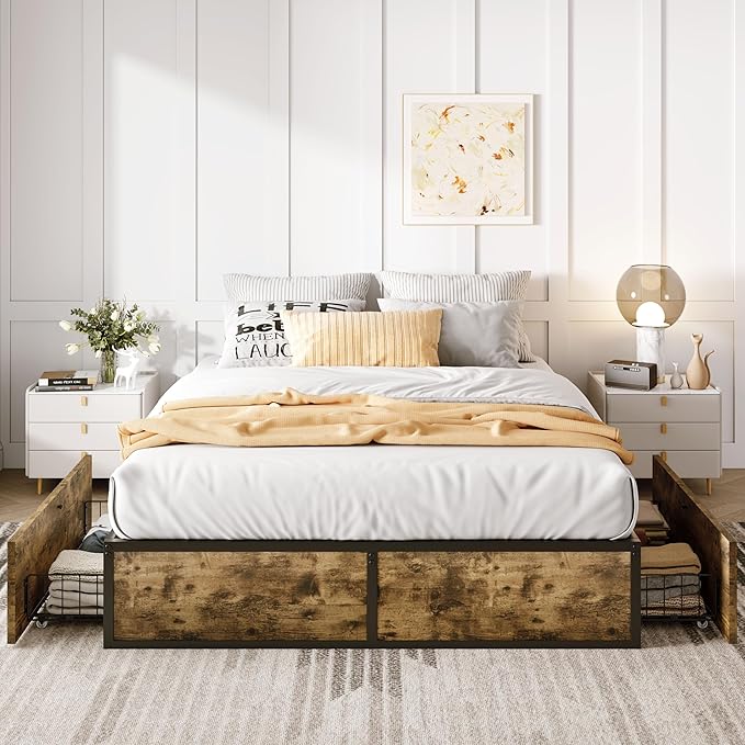 SHA CERLIN Full Platform Bed Frame with 2 Large Storage Drawers, Rustic Wood and Metal, Noise-Free, Easy Assembly, No Box Spring Needed, Brown
