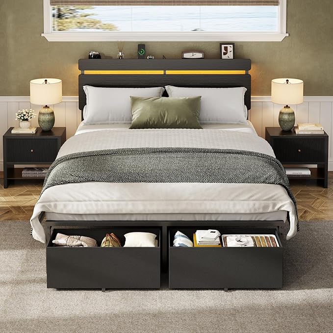 Forestell Full Size Bed Frame with Wood Headboard, Black Platform Bed with 2 Storage Drawers & Shelf, Built in Charging Station & LED Lights, Metal Support, No Box Spring Needed, Camas Full