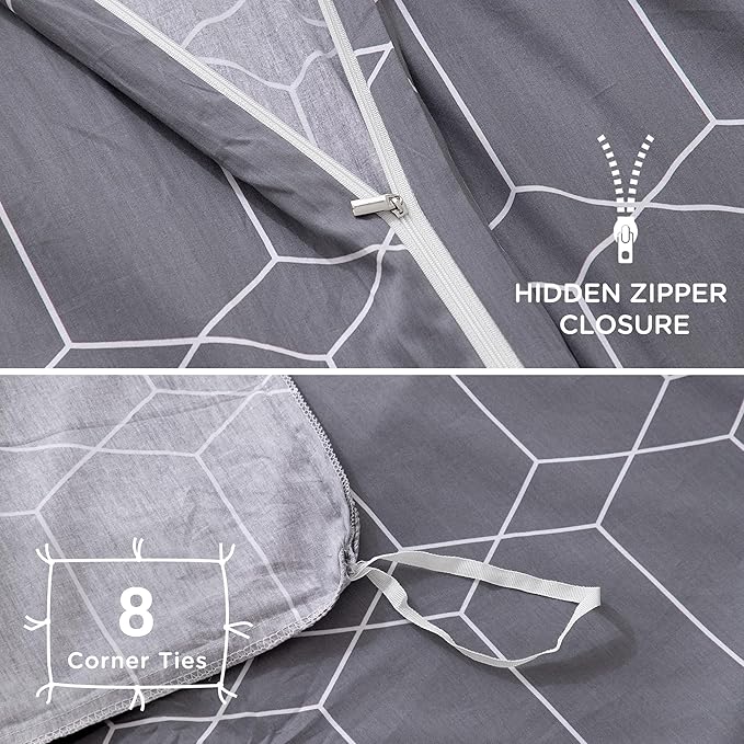 TOCOMOA Plaid Duvet Cover Set 100% Natural Cotton Soft Comfy Breathable 3 Piece Grey and White Pattern Printed Comforter Cover Bedding Set (King 104"x90", Comforter Not Included)