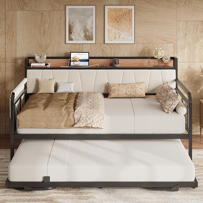 LIKIMIO Twin Daybed, Day Bed with Trundle, Storage Upholstered Headboard and Charging Station, Trundle Bed with Strong Supports for Living Room, Bedroom, and Guest Room, Beige