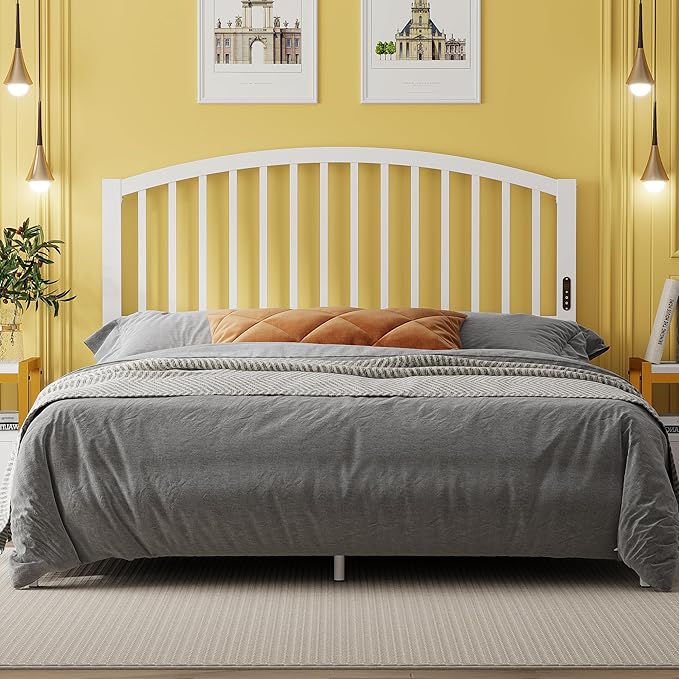 Weehom Queen Headboard with Led Lights, Farmhouse Vintage Style Metal Headboard Queen Size, Modern Freestanding White Headboard Only for Bedroom