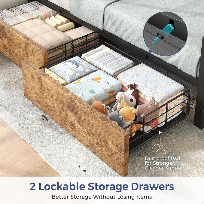 Jocoevol Twin Corner Bed Frame with Storage Drawers and LED Light, Heavy Duty Metal Daybed with Upholstered Storage Headboard & Charging Station, Twin Size Day Bed for Kids Teens Guests, Brown