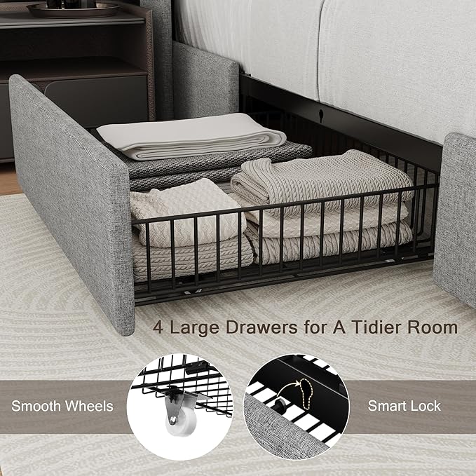 Einhomn King Size Bed Frame with 4 Storage Drawers and Charging Station, Upholstered Platform Bed Frame with Storage Headboard, No Box Spring Needed, Easy Assembly, Light Grey