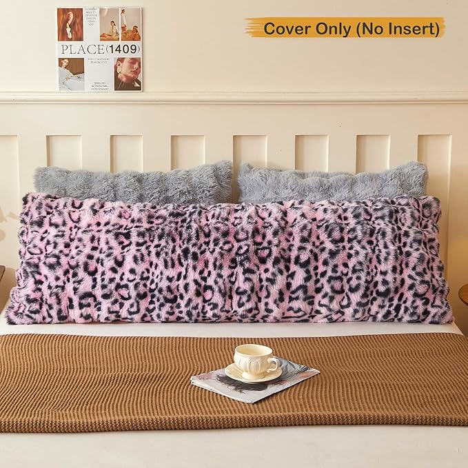 LIFEREVO Leopard Print Fluffy Faux Rabbit Fur Body Pillow Cover 20"x 54", Cheetah Print Waffle Bubble Bed Pillowcase with Zipper, Long Fuzzy Furry Body Pillow Case for Bedroom Pregnant Women, Pink