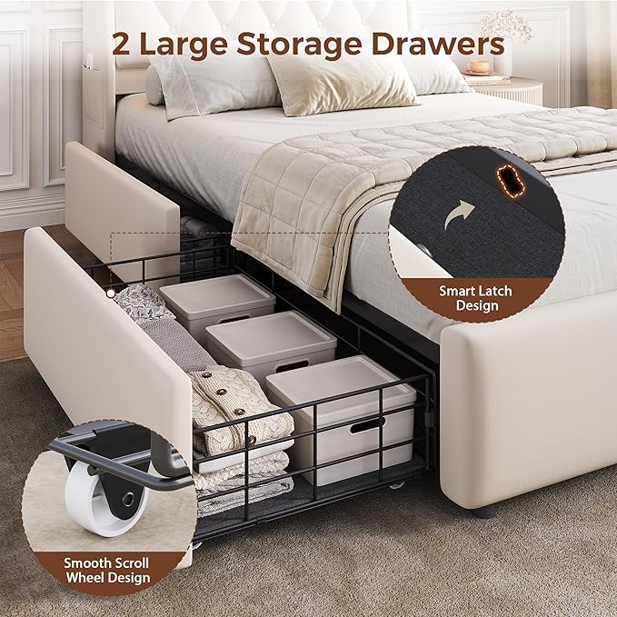 Twin LED Velvet Bed Frame with 2 Storage Drawers&Hidden Headboard, Upholstered Platform Bed with Charging Station&Button Tufted Design, Wooden Slats Support, Box Spring Optional, Easy Assembly, Beige