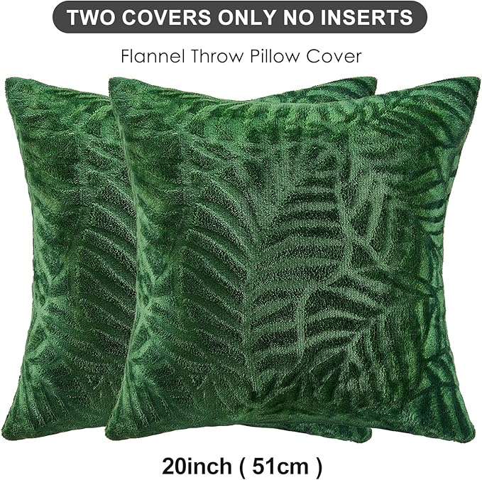 SOCHOW Decorative Throw Pillow Covers 20x20 Inches Set of 2, Soft Leaves Textured Flannel Fleece Pillowcase Square Cushion Covers for Sofa Couch Bed, Olive Green