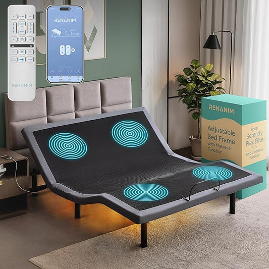 SFE King Size Adjustable Bed Frame - Zero Clearance Smart Frame, Electric Massage, Wireless Remote for Head & Foot Lift, 3 Height-Adjustable Legs - Zero Gravity, Underbed Lights & 4 USB Ports