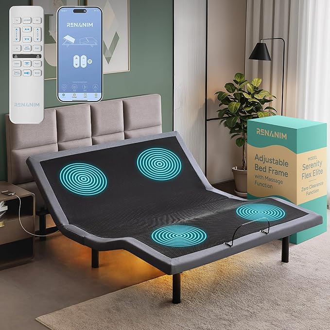 SFE Cal King Adjustable Bed Frame - Zero Clearance Smart Frame, Electric Massage, Wireless Remote for Head & Foot Lift, 3 Height-Adjustable Legs - Zero Gravity - Underbed Lights & 4 USB Ports