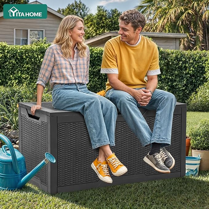 YITAHOME 100 Gallon Large Resin Deck Box Outdoor Storage Boxes for Patio Furniture, Outdoor Cushions, Garden Tools and Pool Supplies-Waterproof,Lockable (Black)